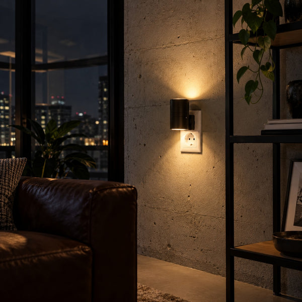 Svart LED-vägglampa tänd i ett loft på kvällen