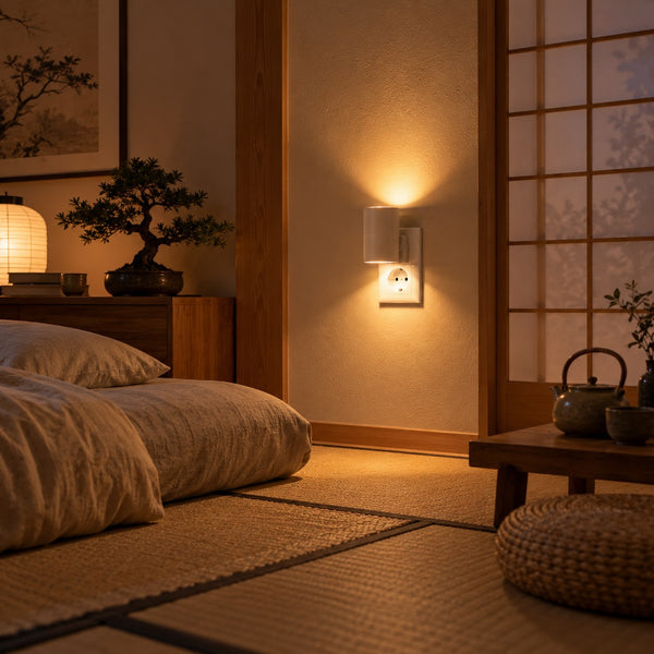 Vit LED-vägglampa tänd i ett japanskt sovrum