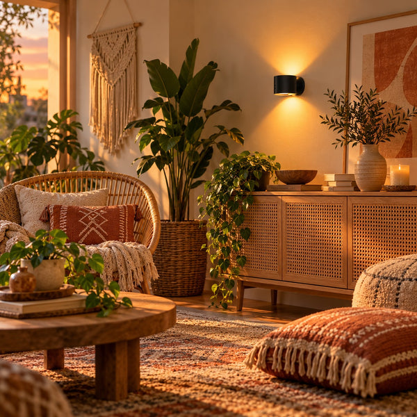 Svart vägglampa ovanför skänk i boho-vardagsrum