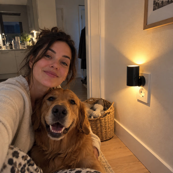 Svart LED-vägglampa tänd i korridoren på natten