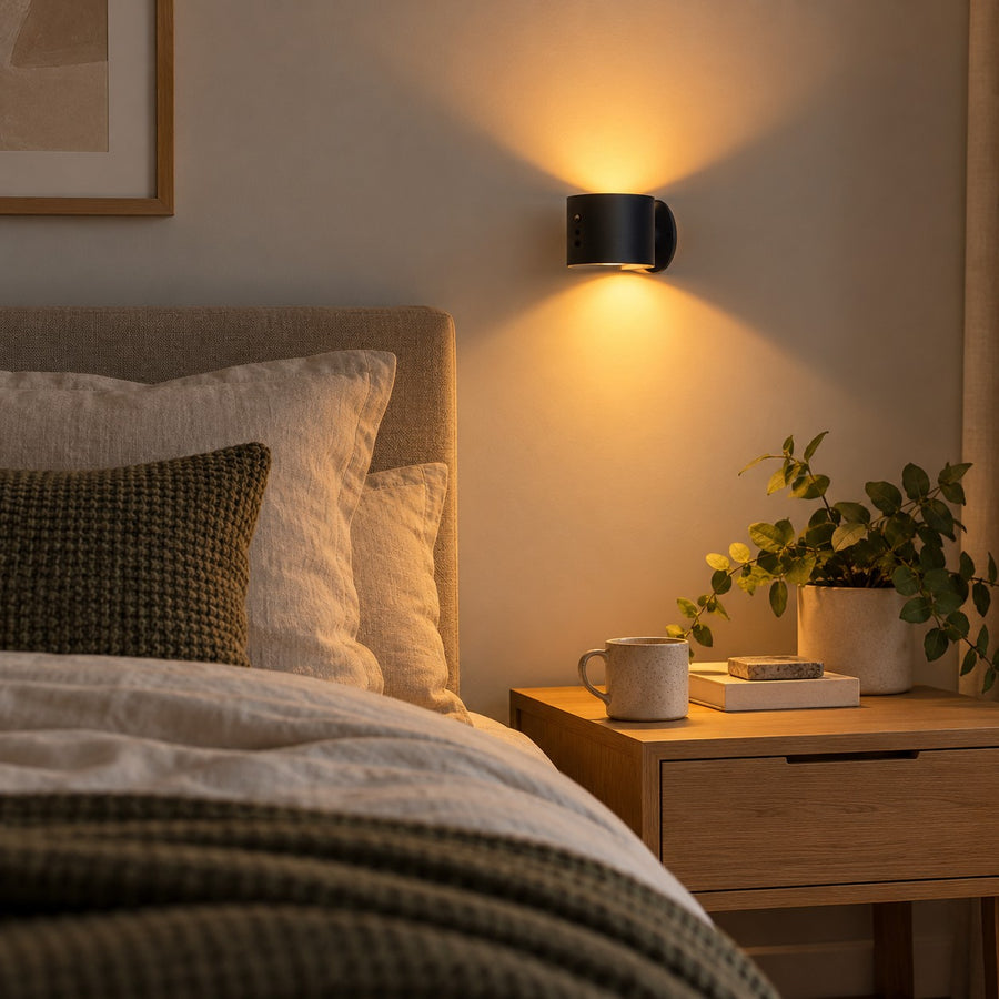 Svart vägglampa i sovrum